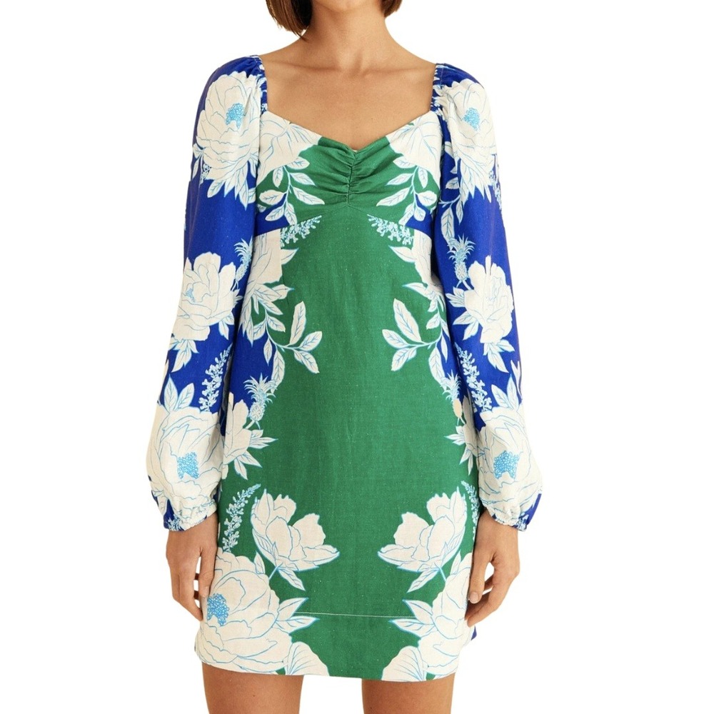 FARM Rio Soft Garden Mini Dress Blue Green Floral Square Neck Long Sleeve‎ XS